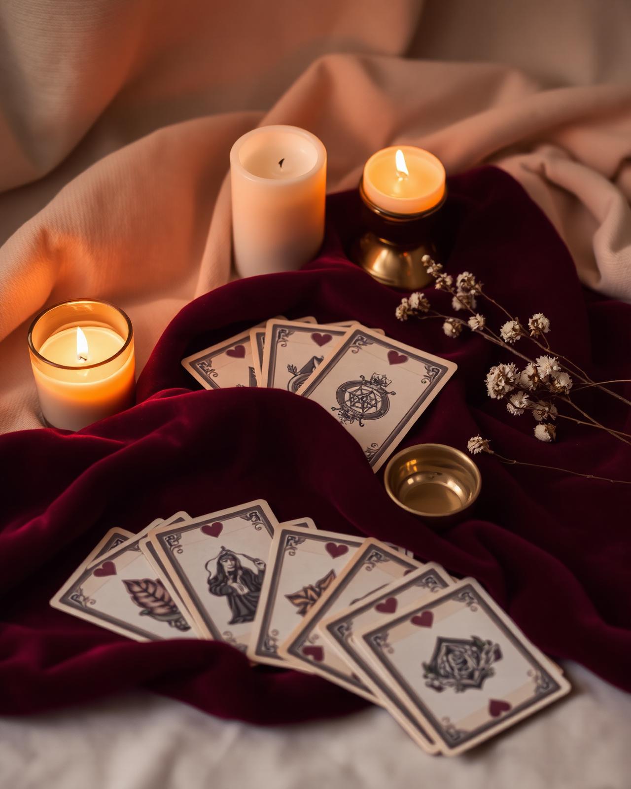 Cartas ciganas dispostas sobre veludo marsala com velas acesas